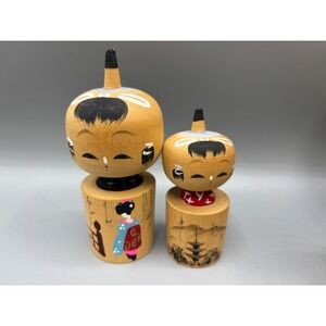 Vtg Japanese Kokeshi Dolls Wood‎ Carved Hand Painted Pair Collectible